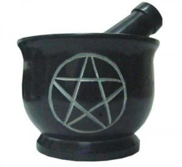Pentacle Carved Mortar & Pestle Black Stone 4"